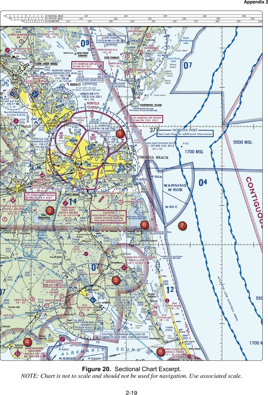 A VFR sectional chart excerpt around Norfolk and Virginia Beach, Virginia, showing Class B, C, and D airspace boundaries, a military warning area, and seven numbered reference points.