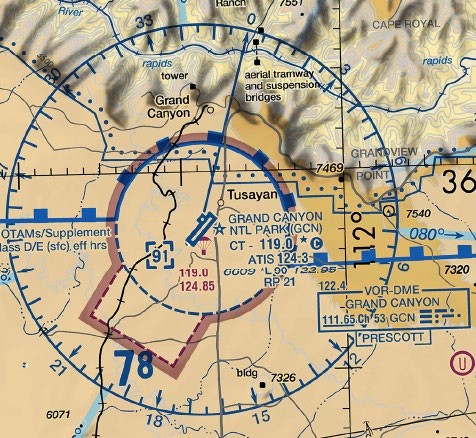 A current FAA VFR sectional chart excerpt from the Las Vegas sectional around Grand Canyon National Park Airport (GCN), Arizona, showing its CTAF and ATIS frequencies and the surrounding terrain — the FAA's own image for its October 2026 UAG sample question.